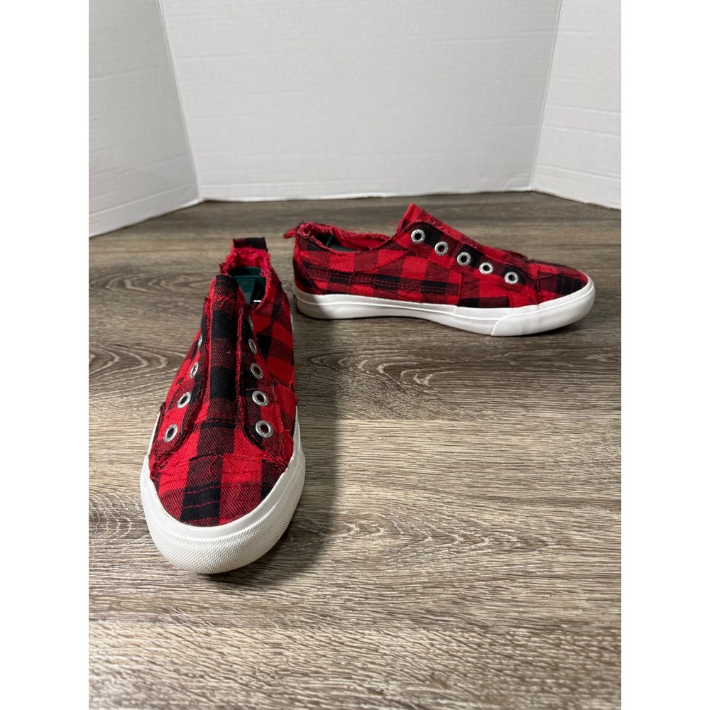 Blowfish Malibu Red Black Buffalo Plaid Slip On Sneakers Distressed Canvas Sz:10